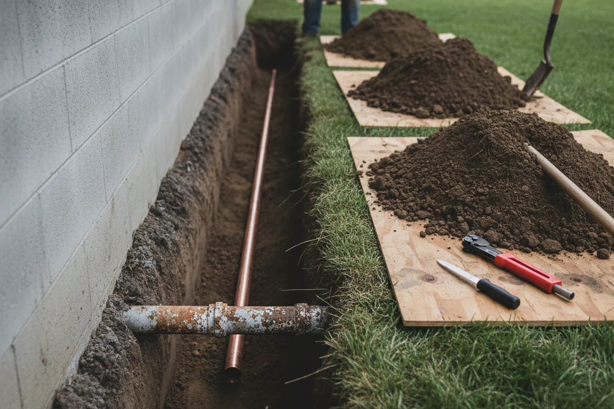 Excavated water line trench during Water Heater Repair in Villanova